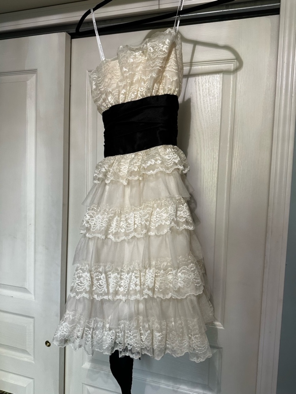 Ivory Lace Tiered strapless Dress with Black Sash